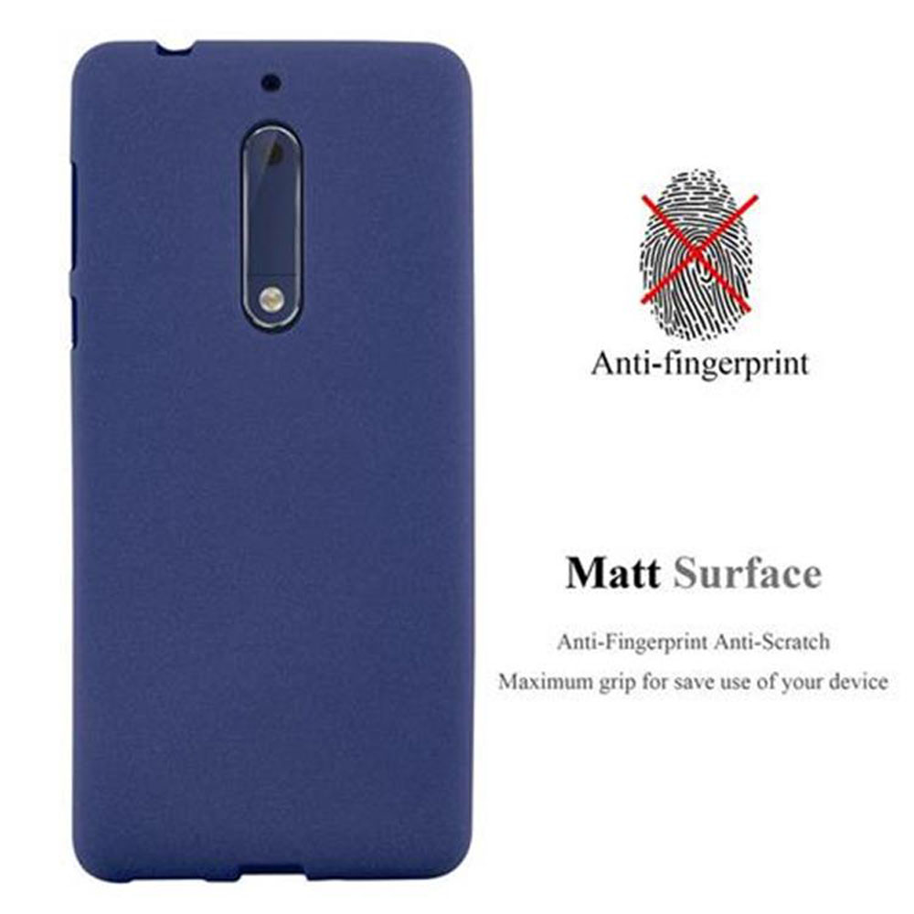 Una custodia per telefono blu con testo e un'immagine di impronta digitale. La custodia è su uno sfondo bianco.