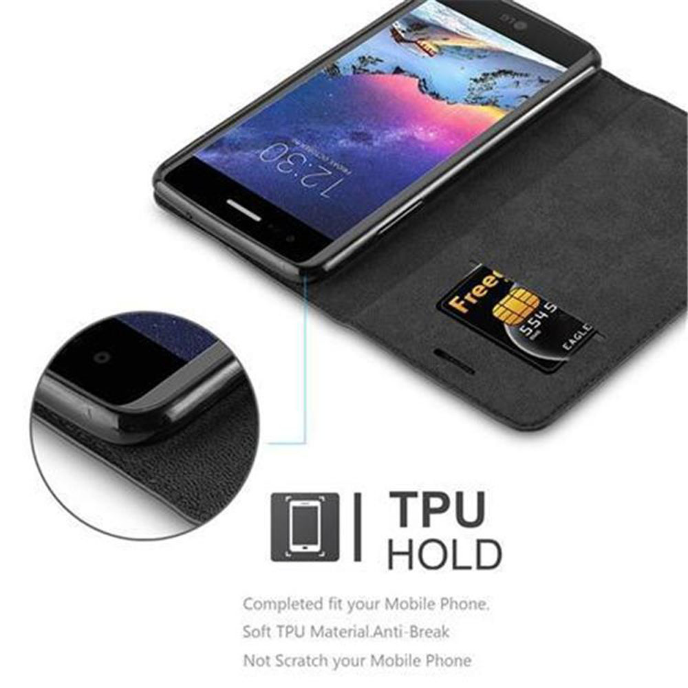 Telefono in una custodia nera. All'interno una carta di credito. Etichetta TPU HOLD.