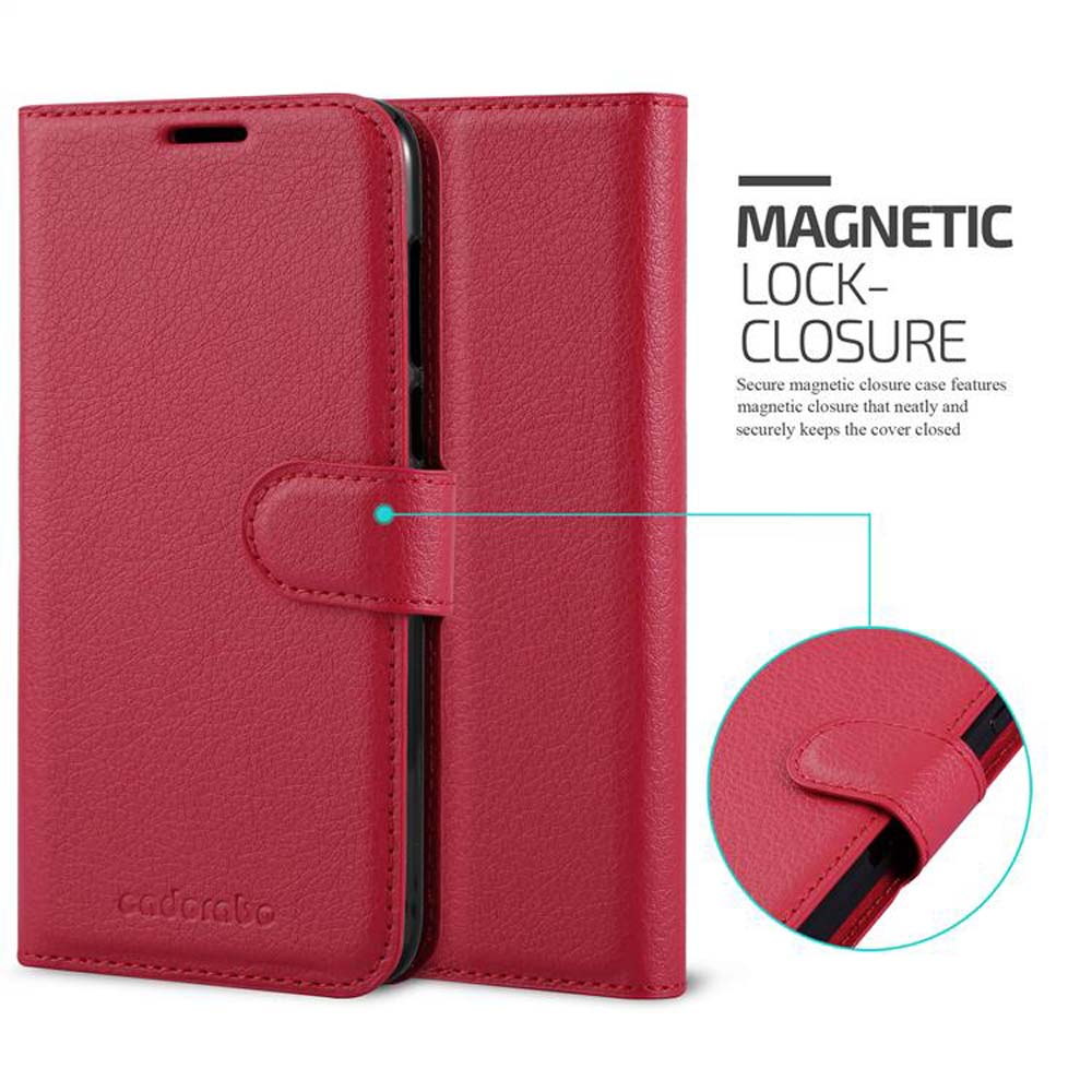 Una custodia per telefono rossa viene mostrata aperta, con una chiusura magnetica e un primo piano del fermo.