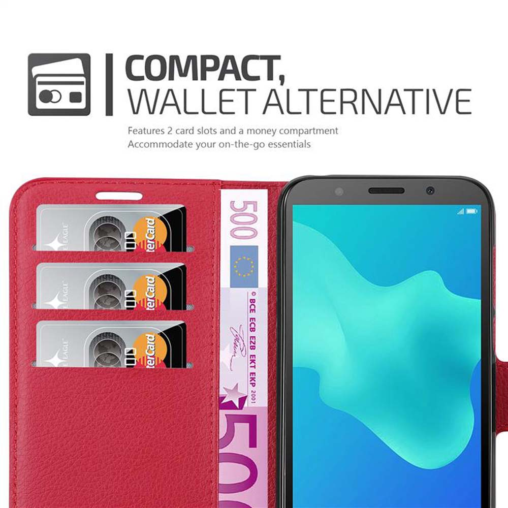 Custodia per telefono rossa a portafoglio con telefono, carte e scomparto per soldi.