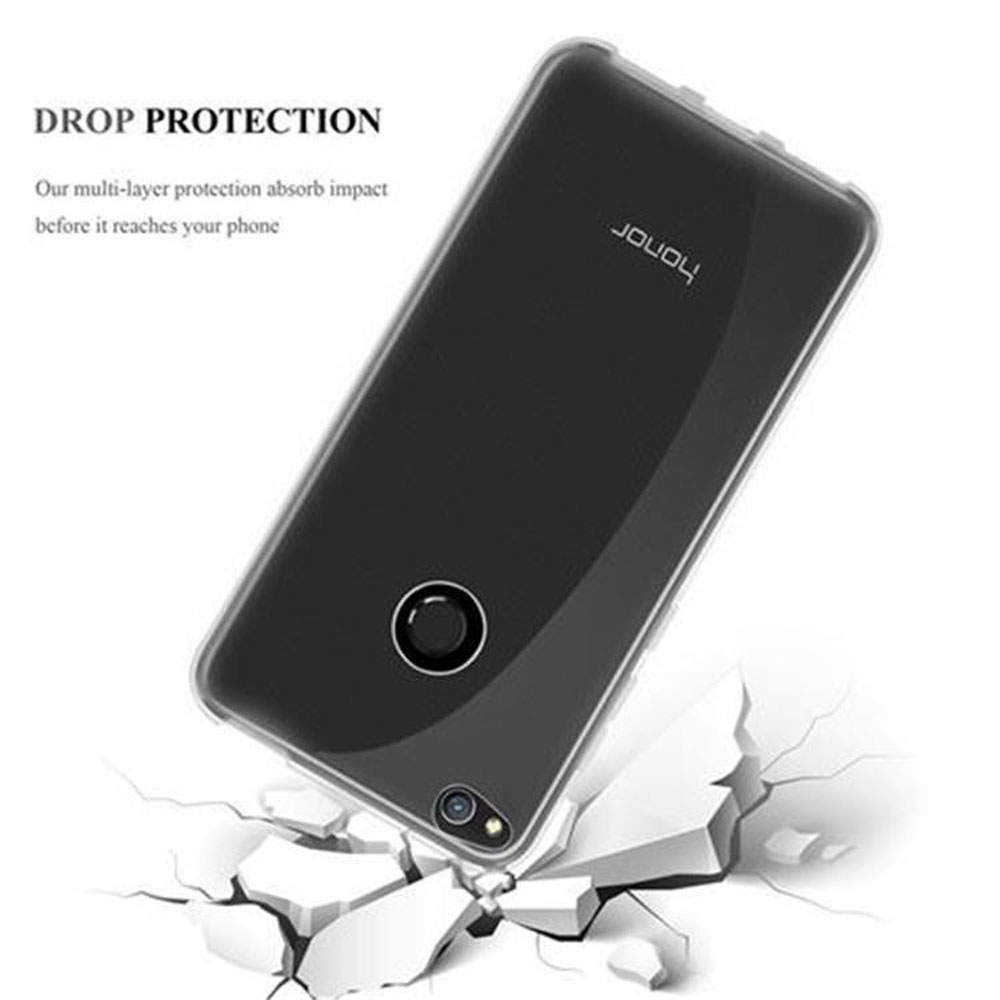 Custodia trasparente con telefono nero all'interno, su sfondo bianco con crepe, testo 'Drop Protection'.