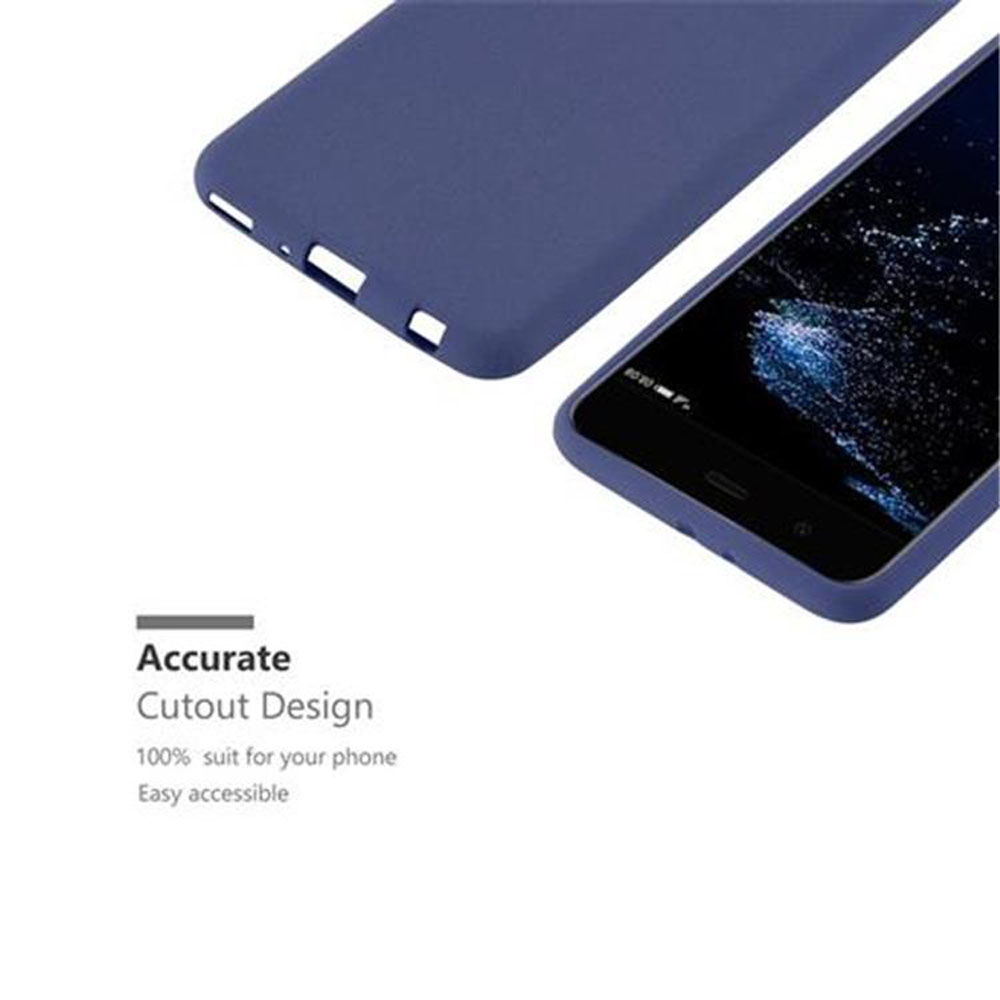 Custodia blu con ritagli, schermo del telefono visibile. Testo: Design preciso, adatto al 100% al tuo telefono.