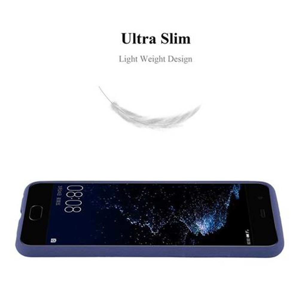 Telefono blu con una piuma leggera sopra, che pubblicizza la leggerezza del telefono.