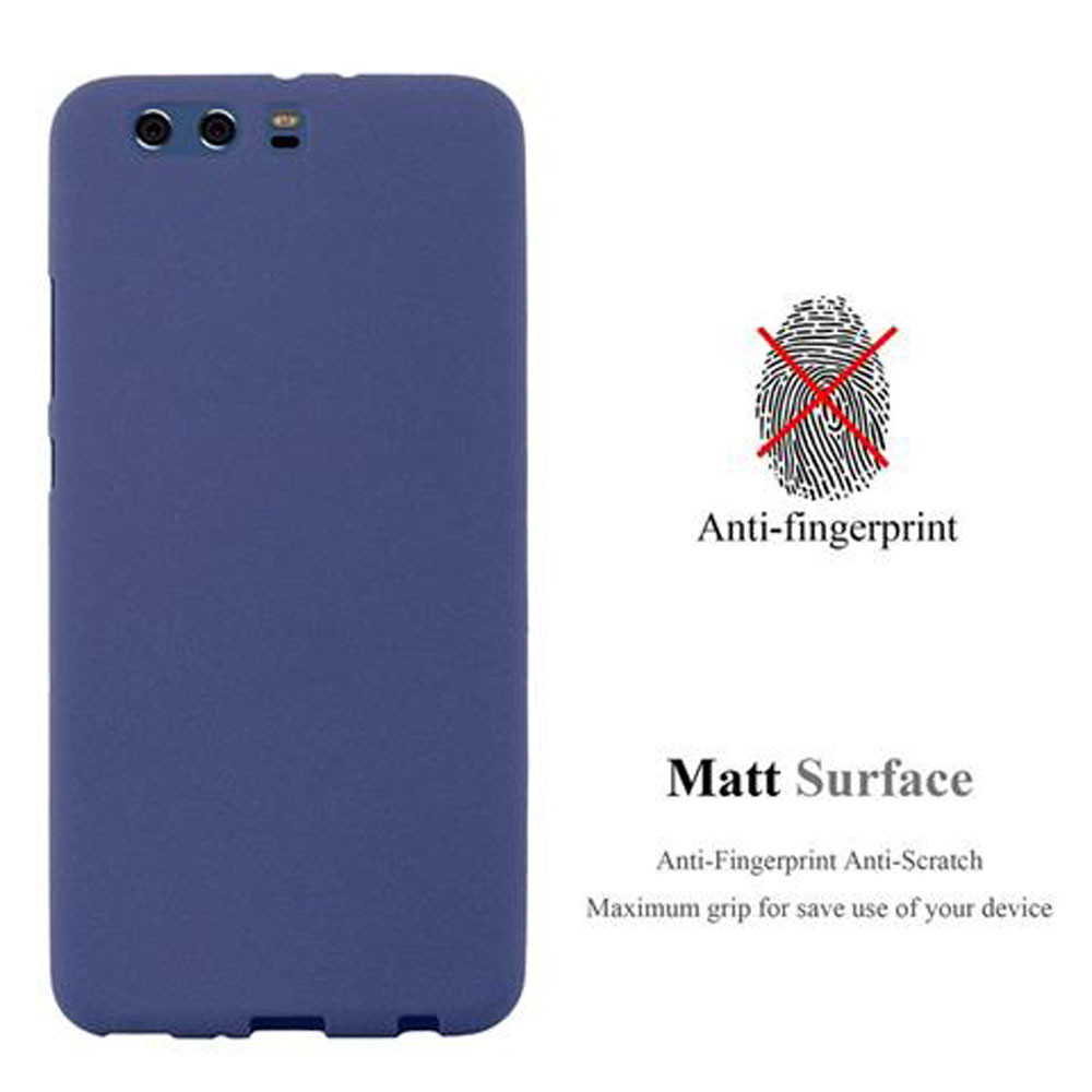 Una custodia blu per telefono con caratteristiche anti-impronta e superficie opaca, accanto a un'icona dell'impronta digitale.