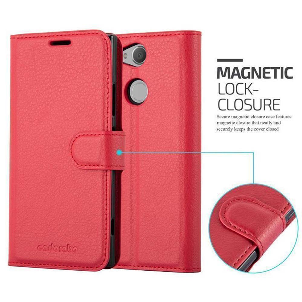 Custodia per telefono rossa con chiusura magnetica, che mostra il telefono all'interno. Custodia chiusa.