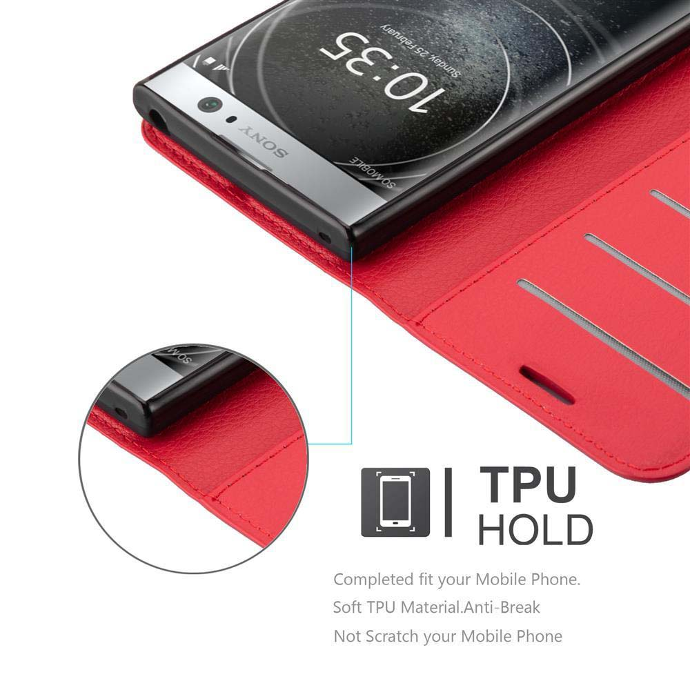 Un telefono è in una custodia rossa. Lo schermo mostra un orologio. Il testo dice TPU HOLD.