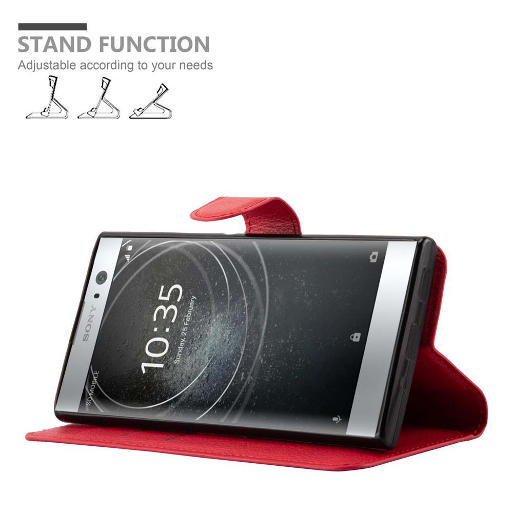 Custodia per telefono rossa con telefono. Testo funzione supporto in alto.
