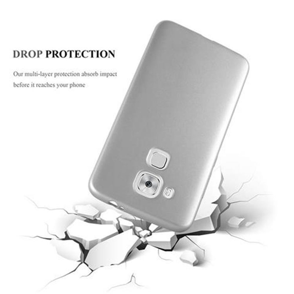 Funda de teléfono gris sobre superficie rota. Texto de protección contra caídas arriba.