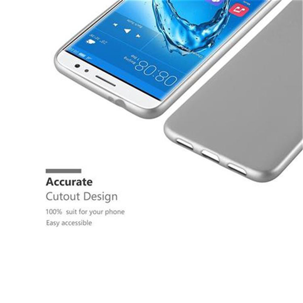 Teléfono con hora en pantalla y funda gris.