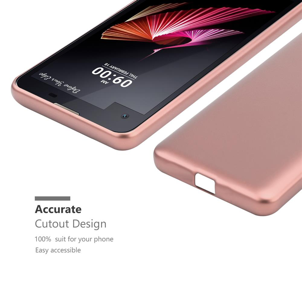 Custodia per telefono oro rosa, che mostra lo schermo del telefono. La custodia ha ritagli per le funzioni del telefono.