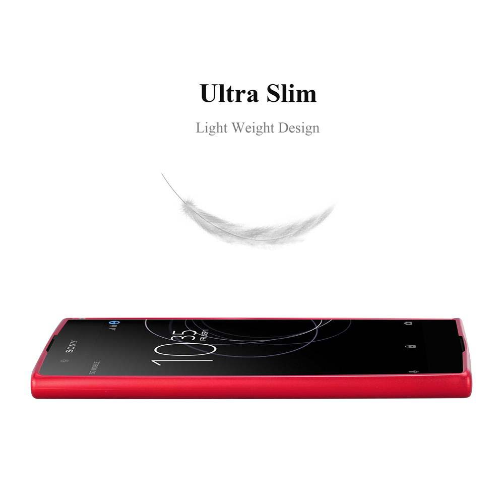 Rote Handyhülle mit einem Telefon darin. Eine Feder schwebt über dem Telefon.