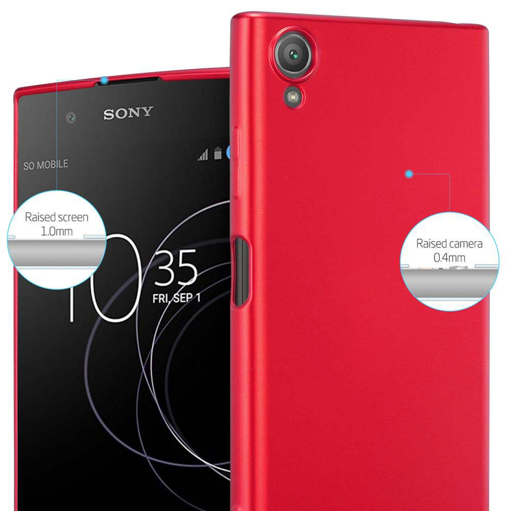 Rotes Telefon neben einer roten Handyhülle. Der Bildschirm zeigt die Anzeige des Telefons. Text hebt den erhöhten Bildschirm und die Kamera hervor.