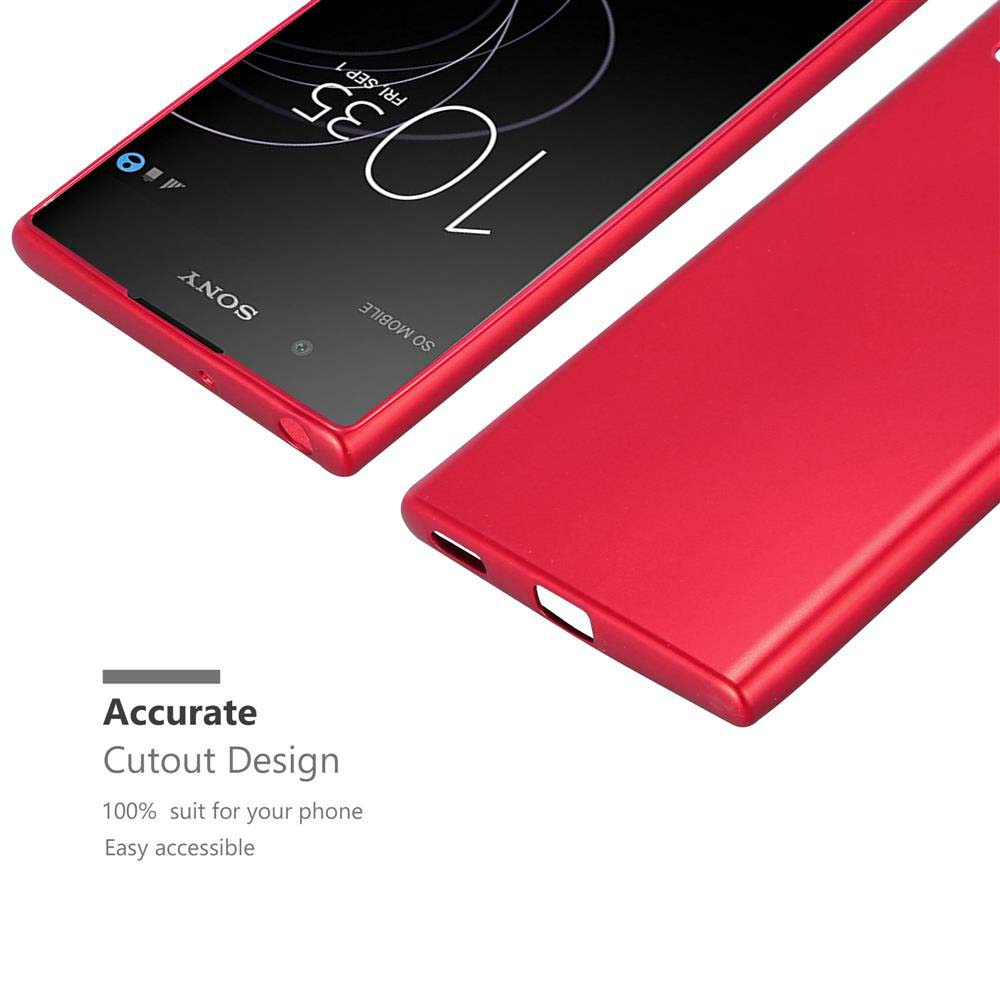 Ein rotes Telefon und eine rote Handyhülle. Das Telefon zeigt einen Bildschirm, die Hülle befindet sich auf der rechten Seite.