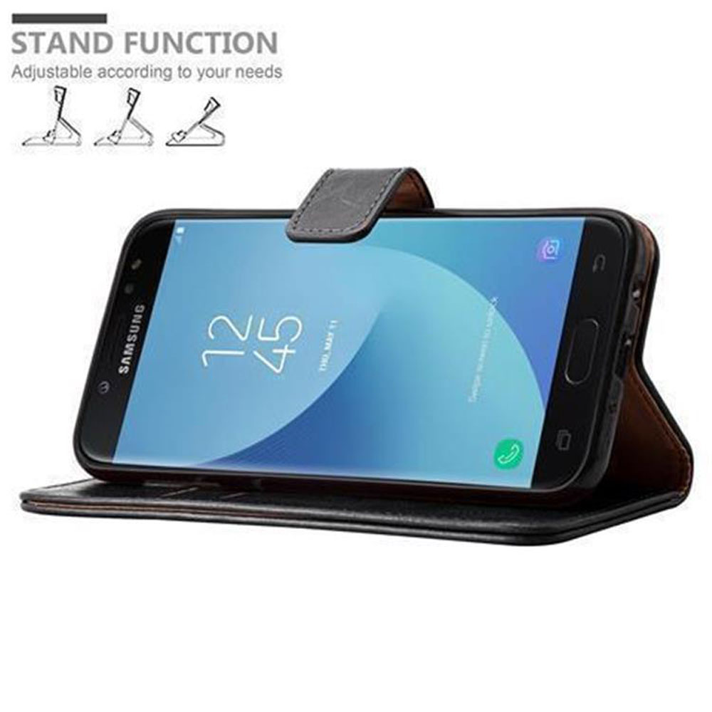 Ein Telefon in einer braunen Hülle, geöffnet, um den Bildschirm zu zeigen, mit Text über die Standfunktion.