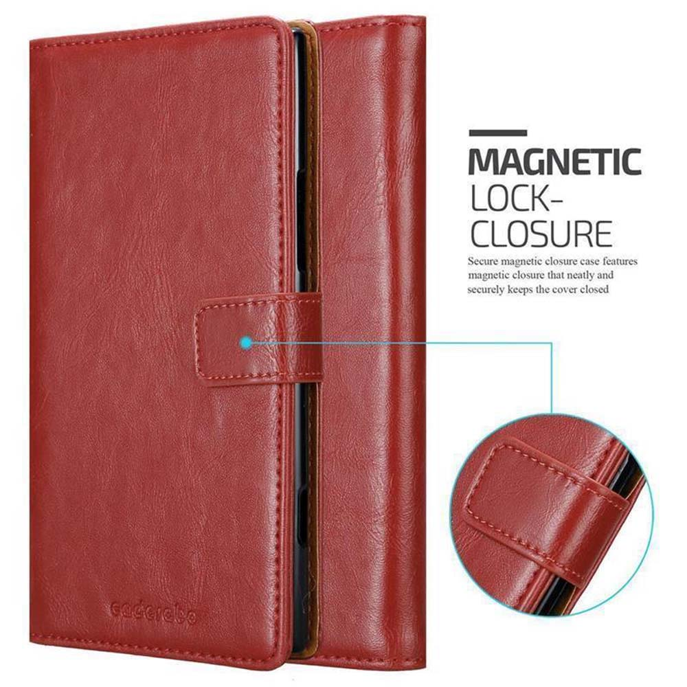 Custodia per telefono rossa con chiusura magnetica. La custodia è chiusa.