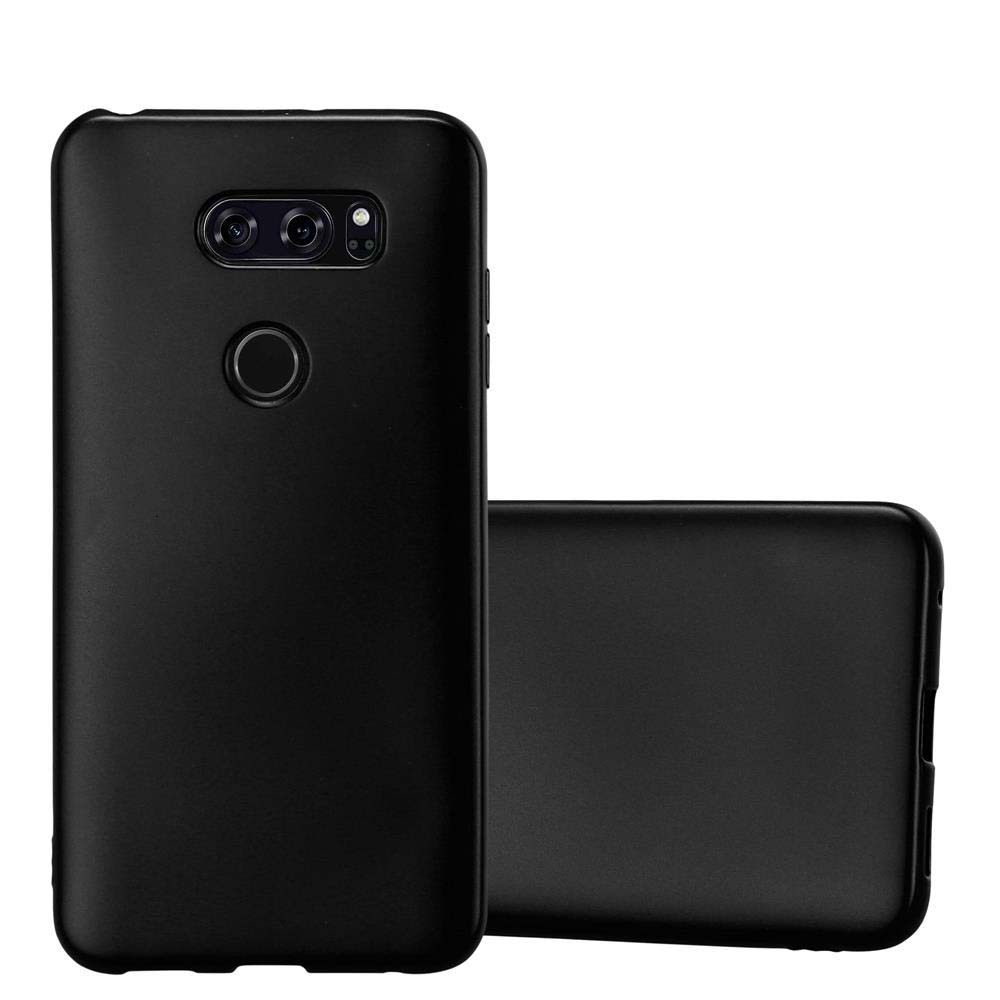 Eine schwarze Handyhülle mit einem Handy darin. Die Rückseite ist schlicht, mit Kamera und Knopf.