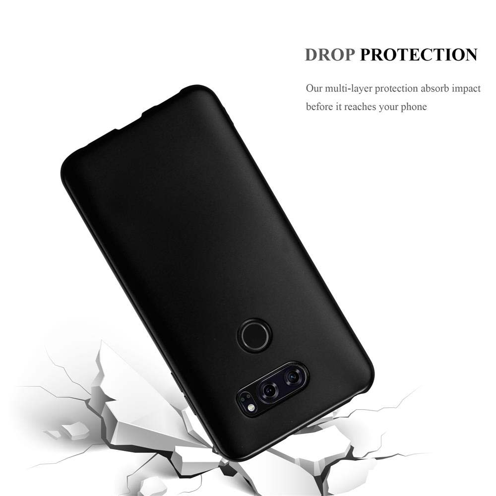 Schwarze Handyhülle fällt auf zerbrochenen Boden. Text lautet "Drop Protection" und Beschreibung.