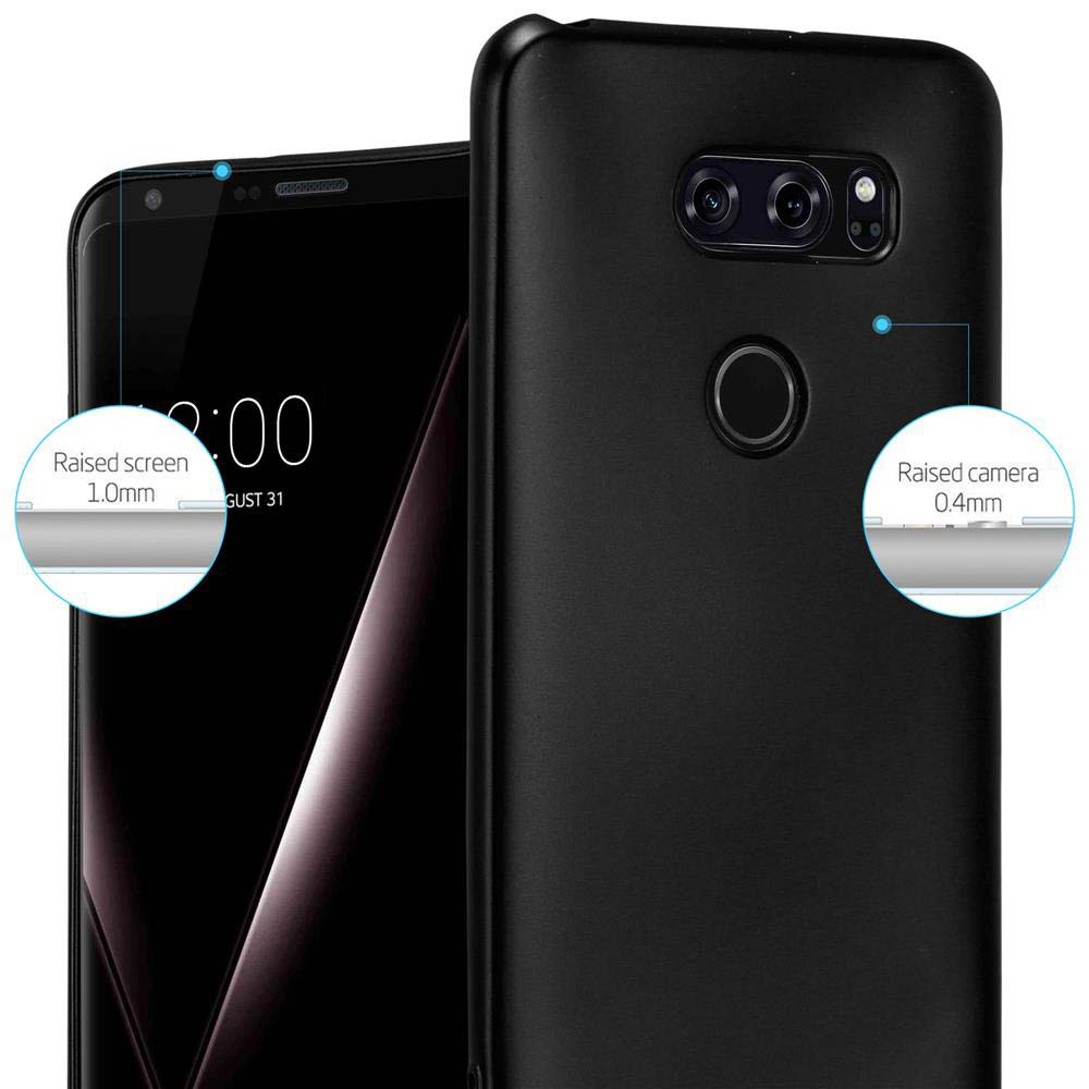 Telefon mit schwarzem Gehäuse rechts, Bildschirm zeigt Zeit und Datum, Text zeigt erhöhten Bildschirm und Kamera.