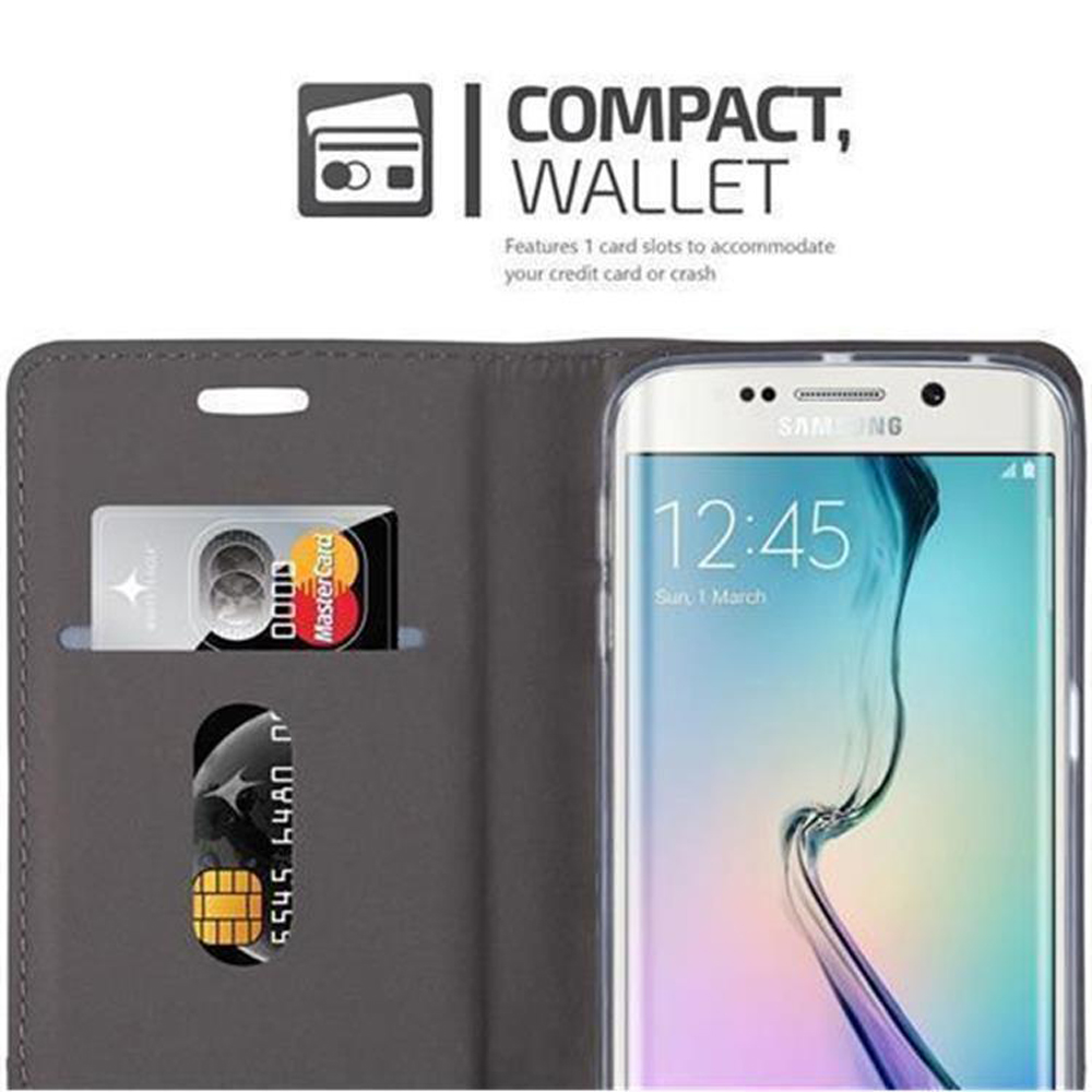Handyhülle mit Brieftaschenfunktion. Enthält Kreditkartenfächer. Ein Telefon ist sichtbar. Dunkelgrau.