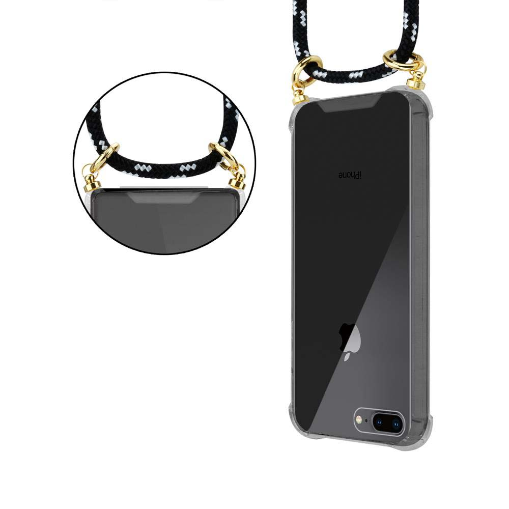 Custodia trasparente per telefono con un cordino bianco e nero. Il telefono è visibile all'interno della custodia.
