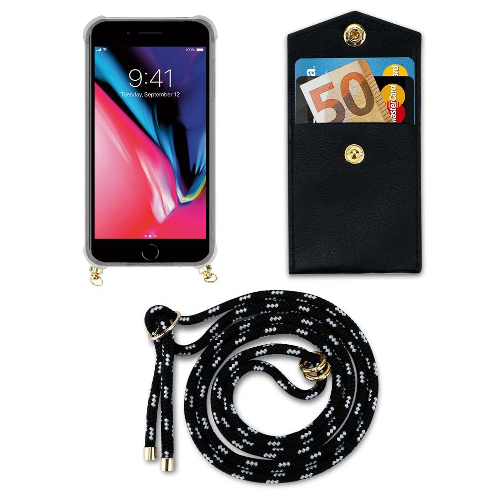 Telefono in custodia trasparente con cordino. Mostrato un telefono con schermo e custodia a portafoglio con carte.