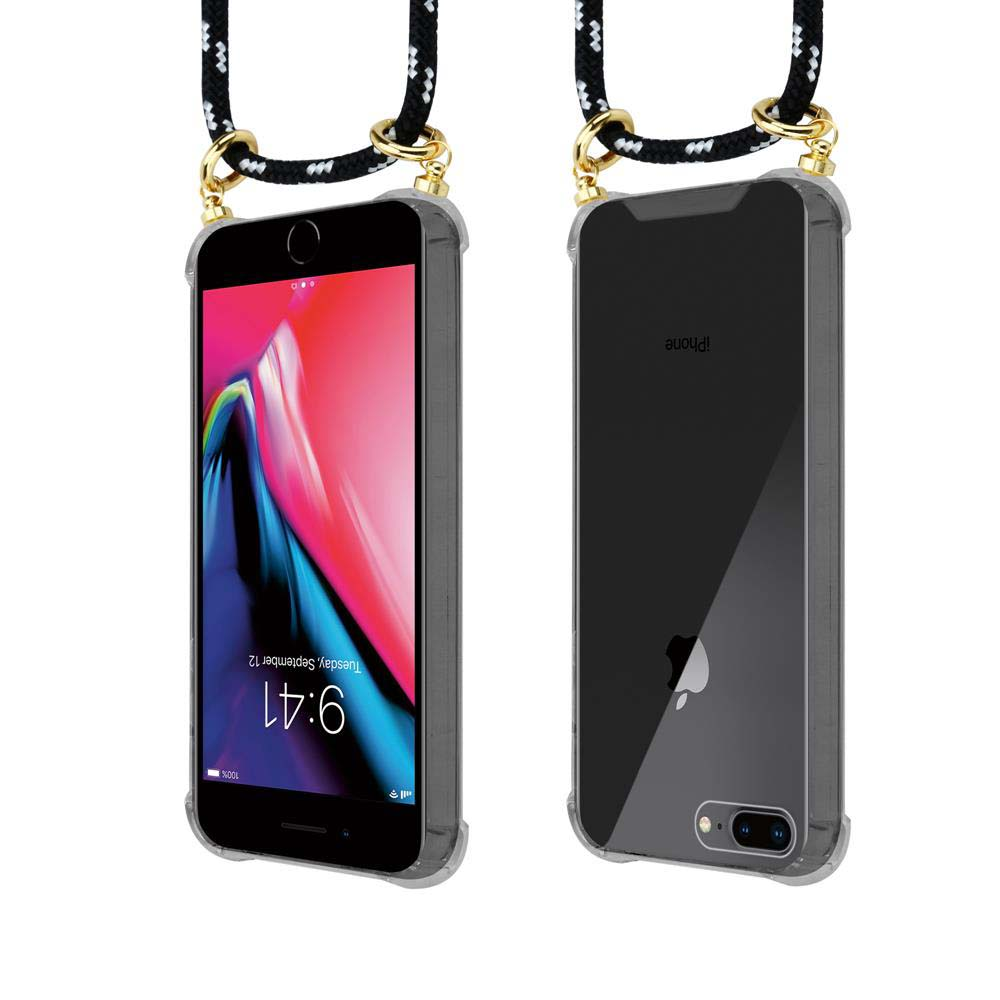 Due telefoni con custodie, uno mostra la parte anteriore, l'altro la parte posteriore. Entrambi hanno una corda bianca e nera.