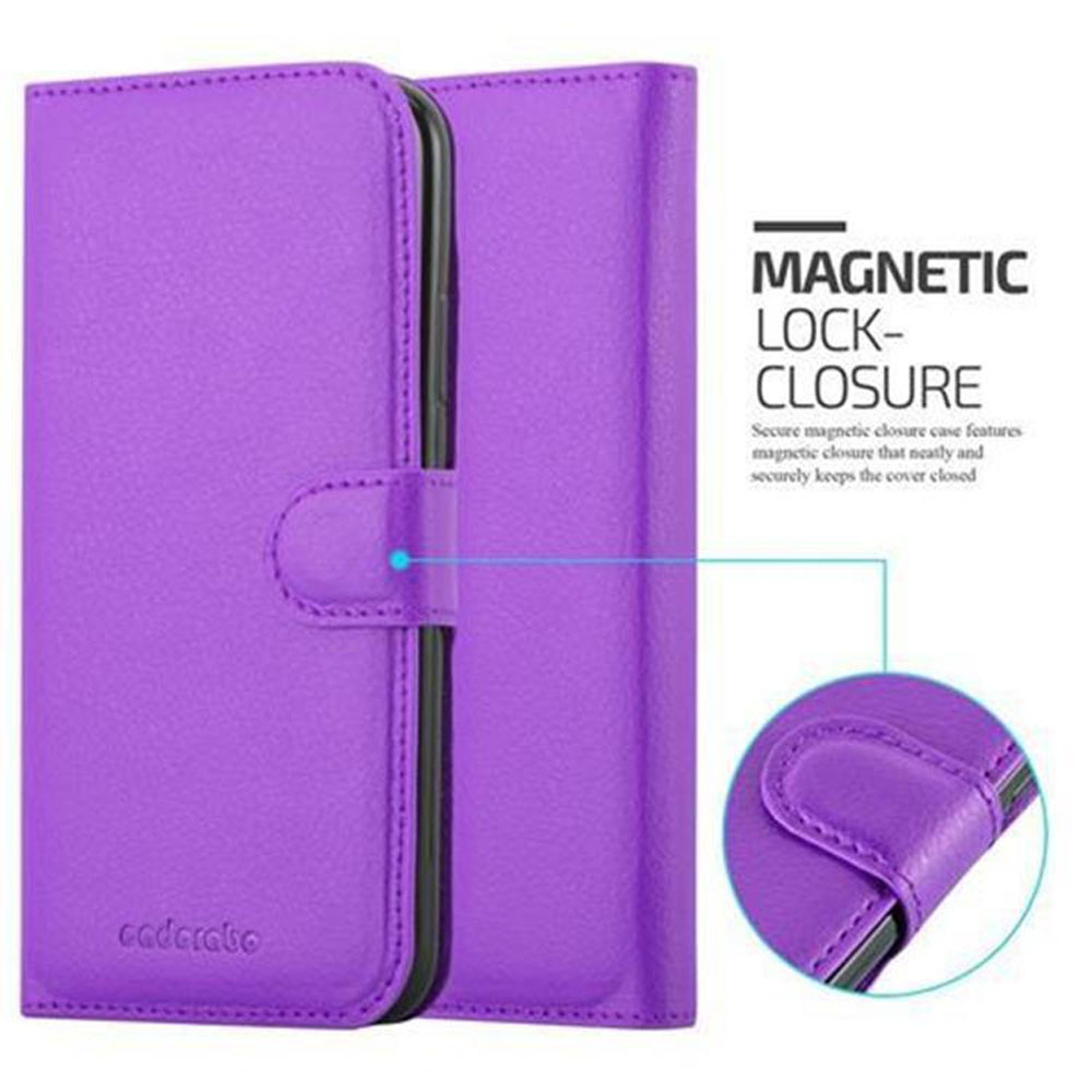 Una custodia per telefono viola, chiusa, con chiusura magnetica e primo piano dettagliato.