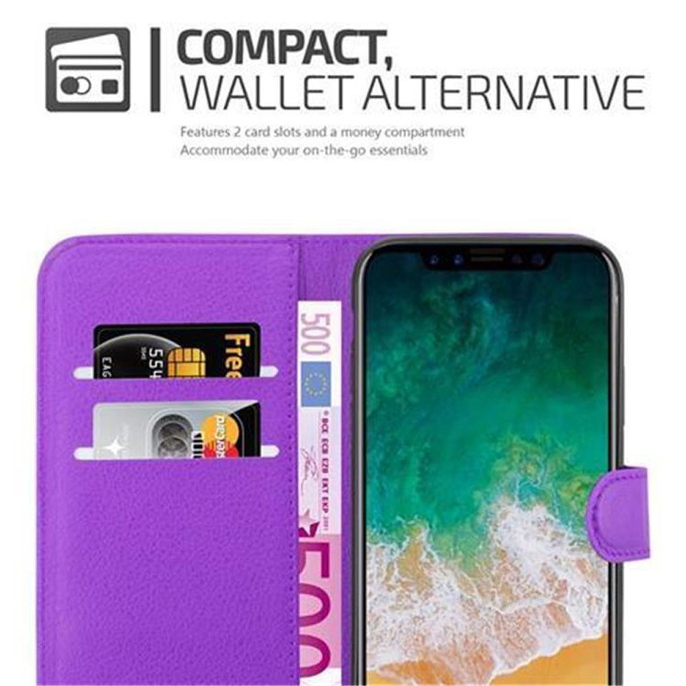 Portafoglio per telefono viola con scomparti per carte, con telefono. Testo: Alternativa compatta al portafoglio.