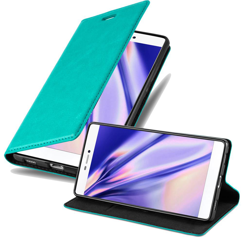 Funda de teléfono y teléfono color turquesa. El teléfono está en la funda o apoyado en ella. Fondo blanco.