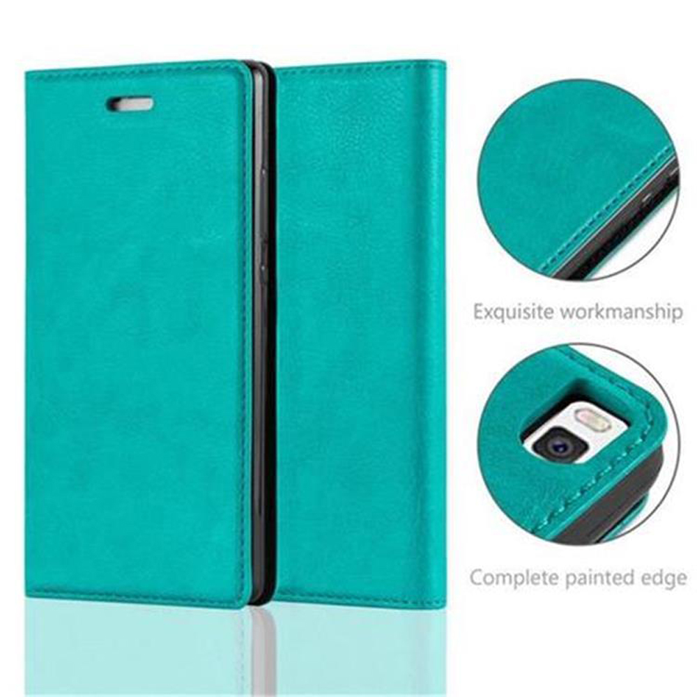 Funda turquesa abierta, mostrando el interior, detalles de la artesanía.
