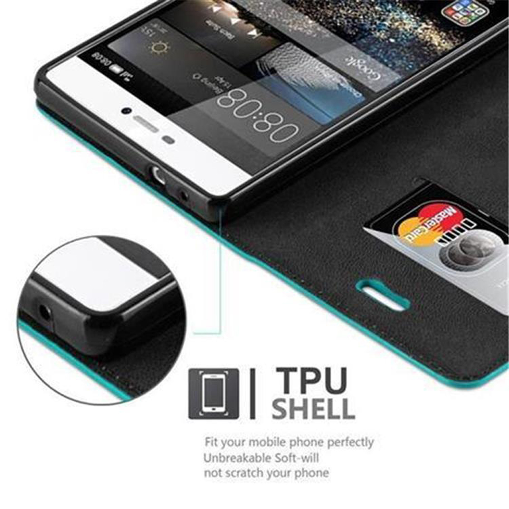 Teléfono en funda con Mastercard y hora en pantalla. Borde turquesa. Etiqueta de carcasa de TPU.