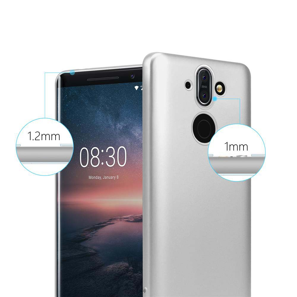 Telefon mit silberner Hülle. Erhöhter Bildschirm und Kamera-Details hervorgehoben.