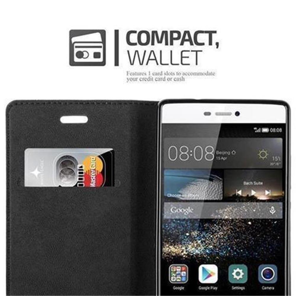 Funda de cartera compacta abierta, que muestra una tarjeta de crédito y la pantalla del teléfono.