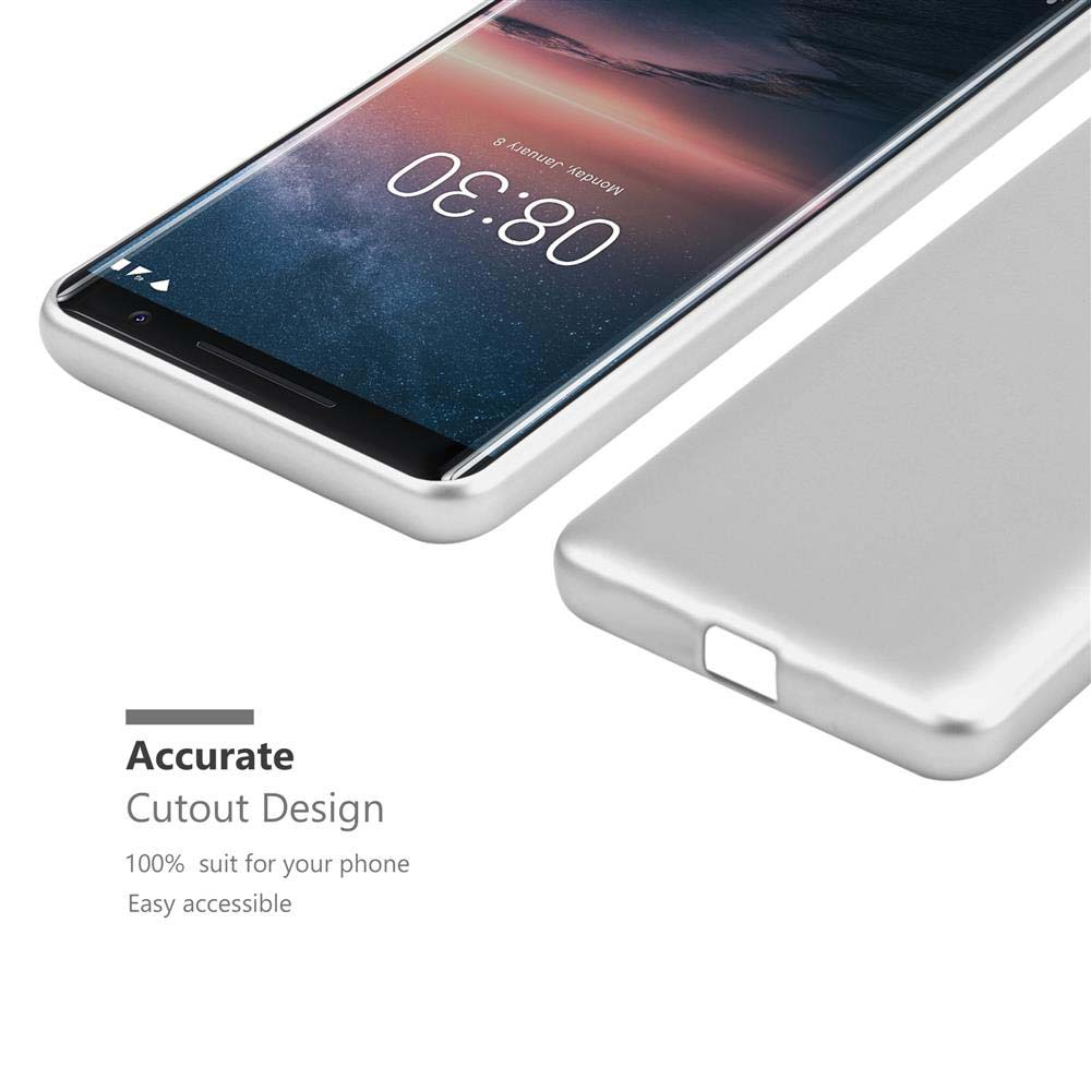 Telefon mit silbernem Gehäuse. Das Aussparungsdesign wird mit dem Text 'Accurate Cutout Design' gezeigt.