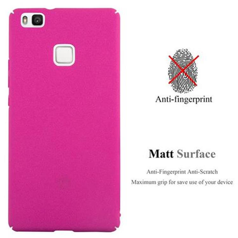 Custodia rosa per telefono con pulsante e fotocamera. Testo: Anti-impronta, superficie opaca.