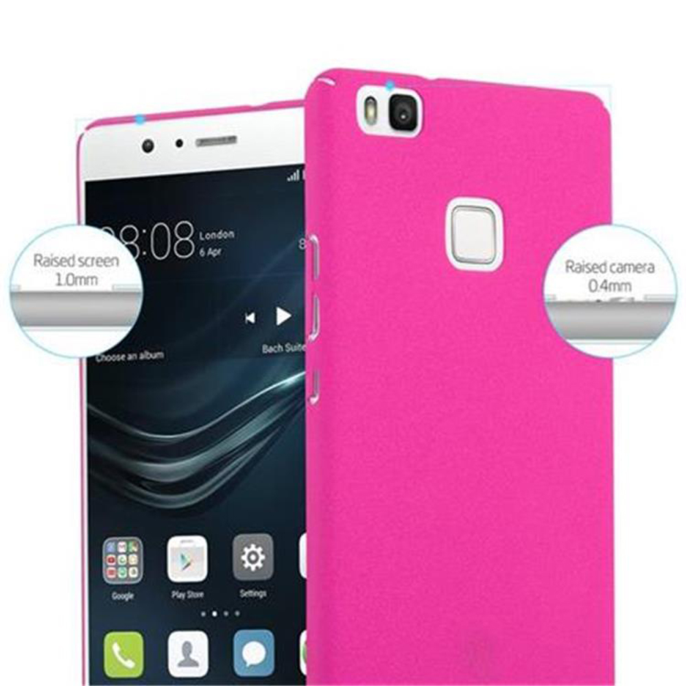 Custodia rosa per telefono con telefono. Vengono mostrati i dettagli dello schermo e della fotocamera rialzati.