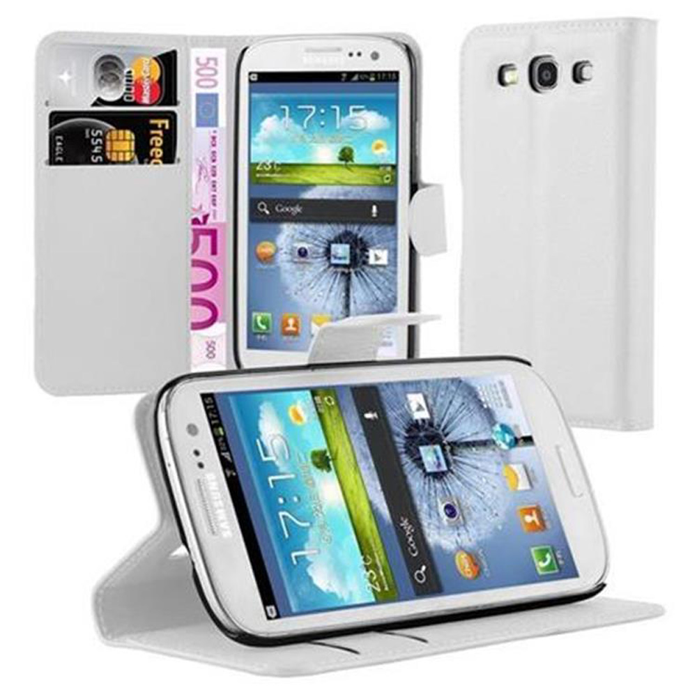 Weiße Handyhülle geöffnet. Telefon innen, Karten und Geld sichtbar.
