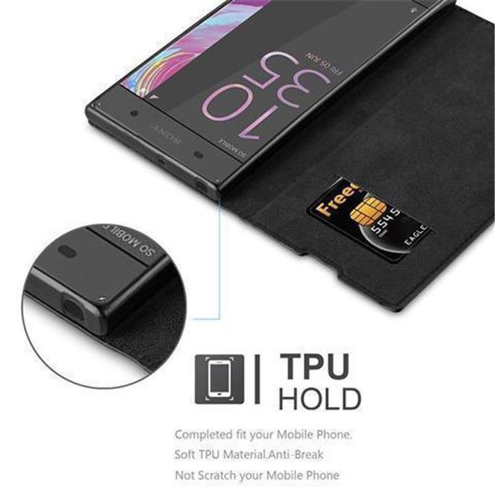 Un teléfono dentro de una funda tipo folio, con una tarjeta y el texto 'TPU HOLD', enfatizando la colocación segura del teléfono.