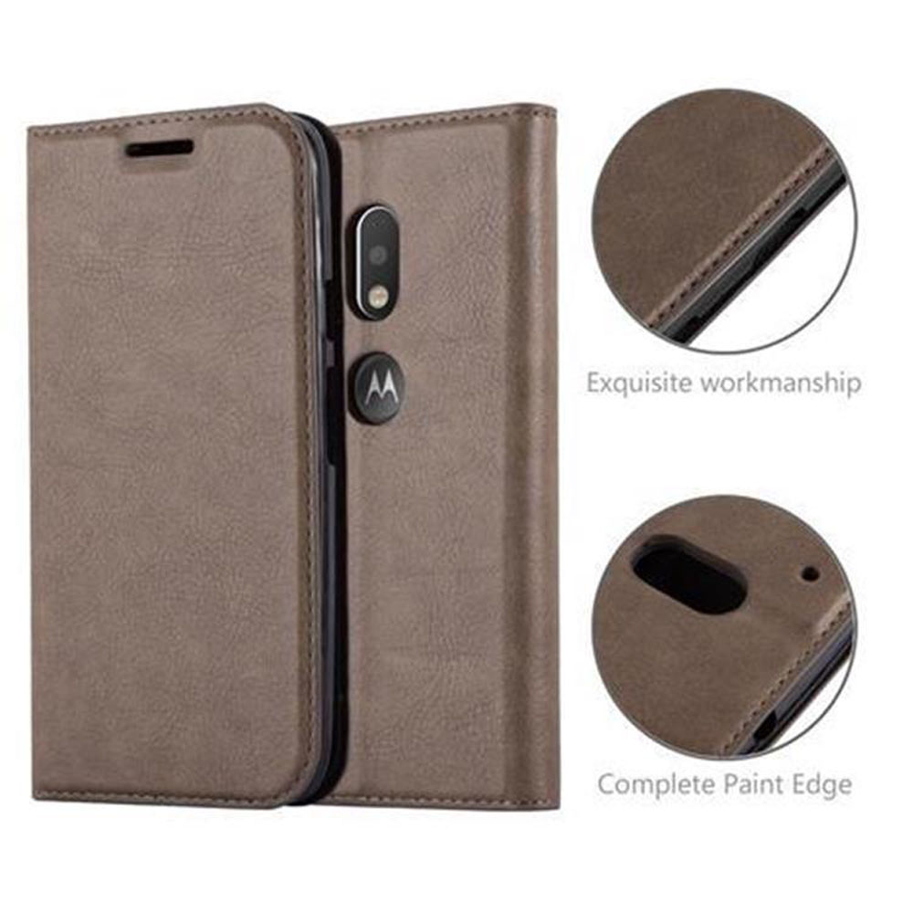 Una funda de teléfono marrón con un teléfono dentro.