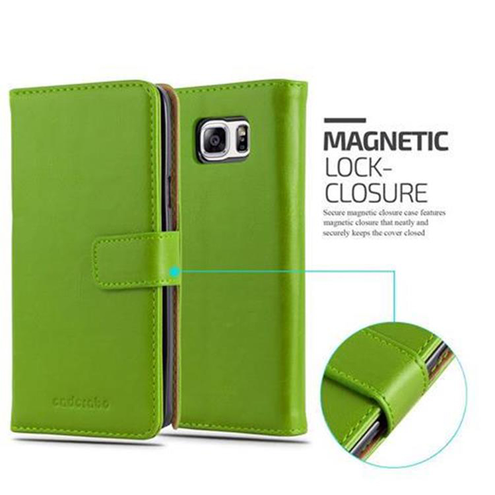 Funda verde para teléfono con cierre magnético. Texto: Magnetic Lock-Closure. Detalles de la funda.