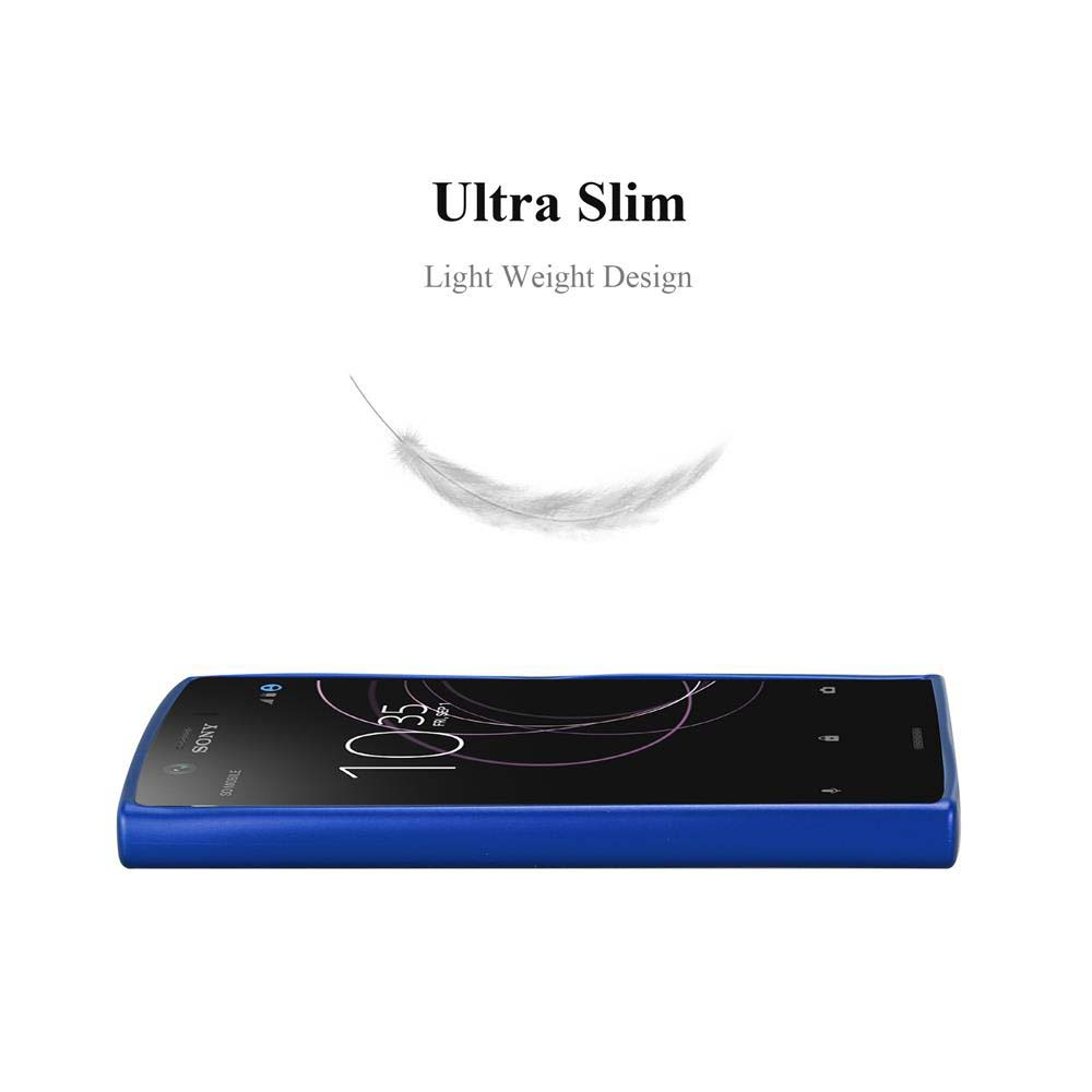 Un telefono blu posizionato orizzontalmente con una piuma che fluttua sopra. Il telefono è ultrasottile.