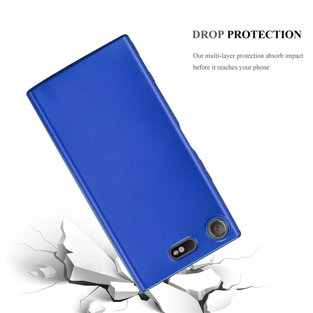 Una custodia blu per telefono. Mostra la protezione dalle cadute.