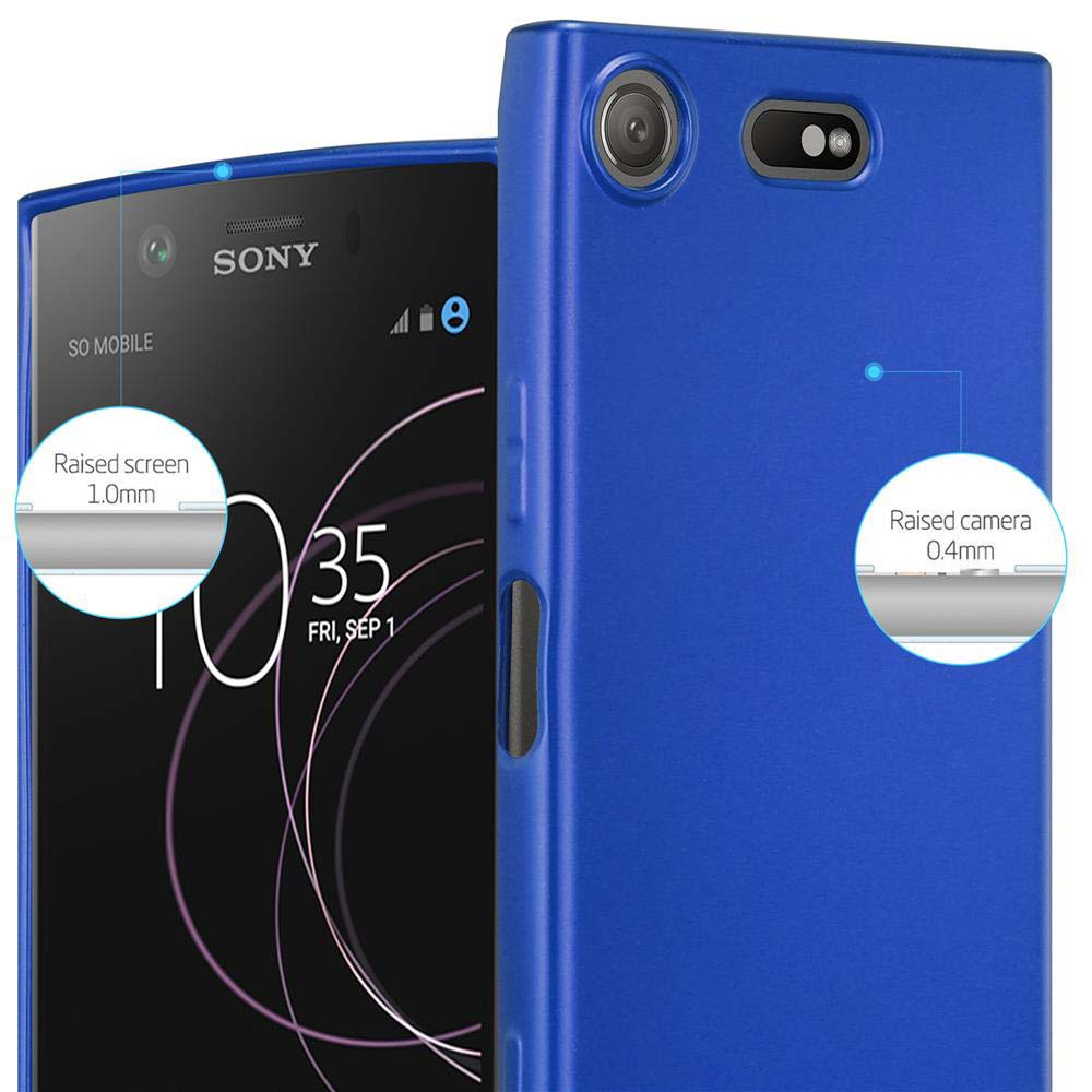 Custodia blu con smartphone. Dettagli mostrano protezione schermo e fotocamera.