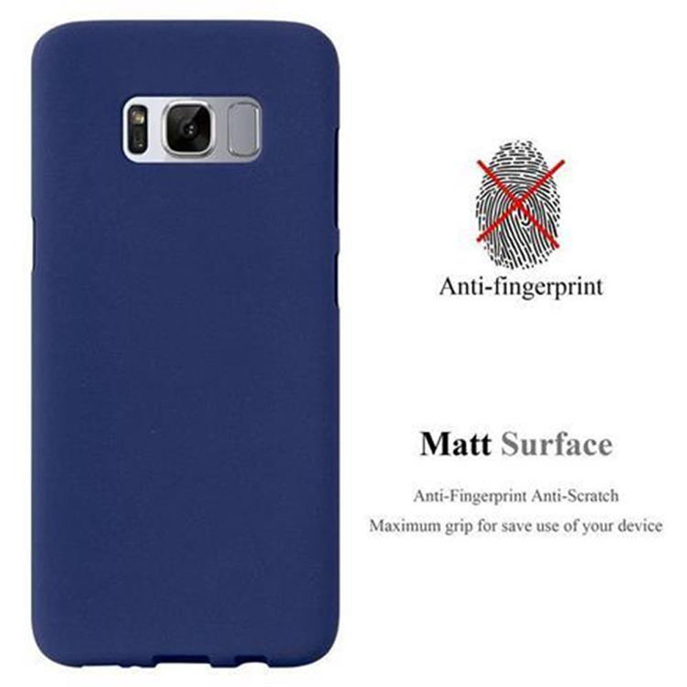 Custodia per telefono blu con caratteristiche anti-impronta e superficie opaca. L'immagine presenta un'icona di impronta digitale.