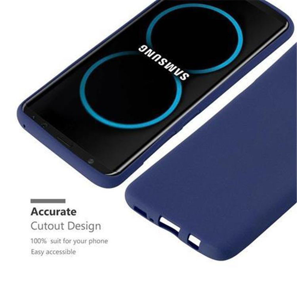 Custodia per telefono blu con telefono all'interno. Testo: 'Design con ritaglio preciso' e 'Facilmente accessibile'.