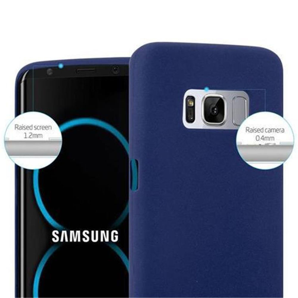 Una custodia blu con un telefono dentro. Il testo indica schermo e fotocamera rialzati.