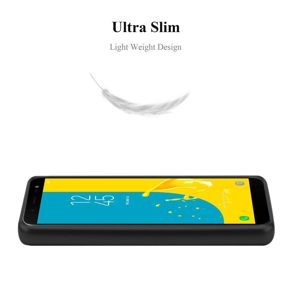 Telefono in custodia nera piatto su una superficie, con una piuma che fluttua sopra. Testo: 'Ultra Slim', 'Light Weight Design'.