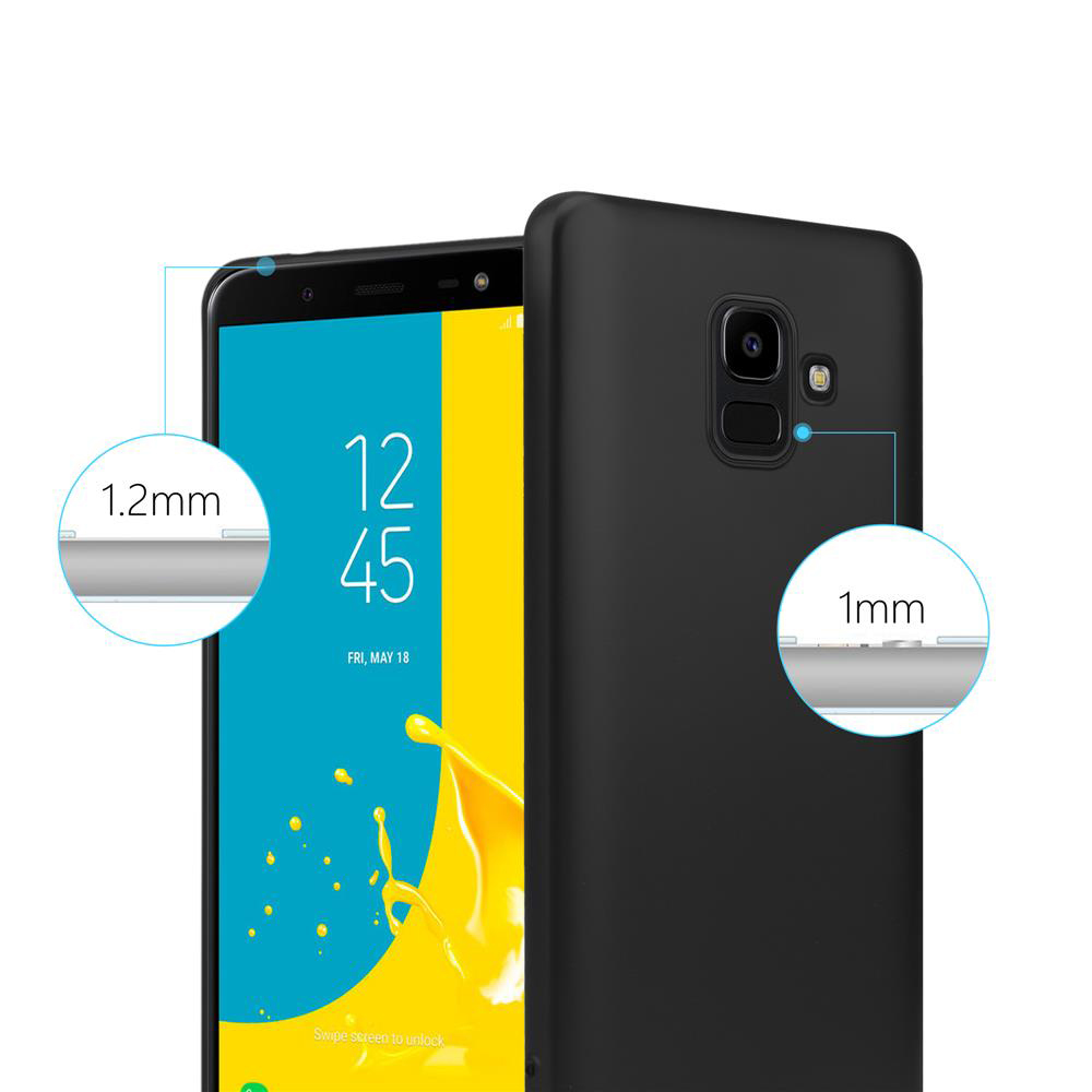 Custodia nera per telefono accanto a un telefono con schermo blu che mostra l'ora.