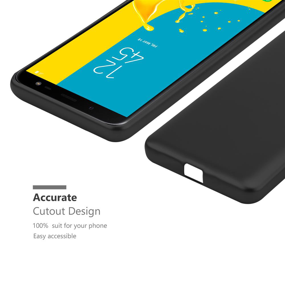 Custodia nera per telefono con telefono all'interno. Testo sottostante: Design preciso, adatto al 100% al tuo telefono, Facile accesso.