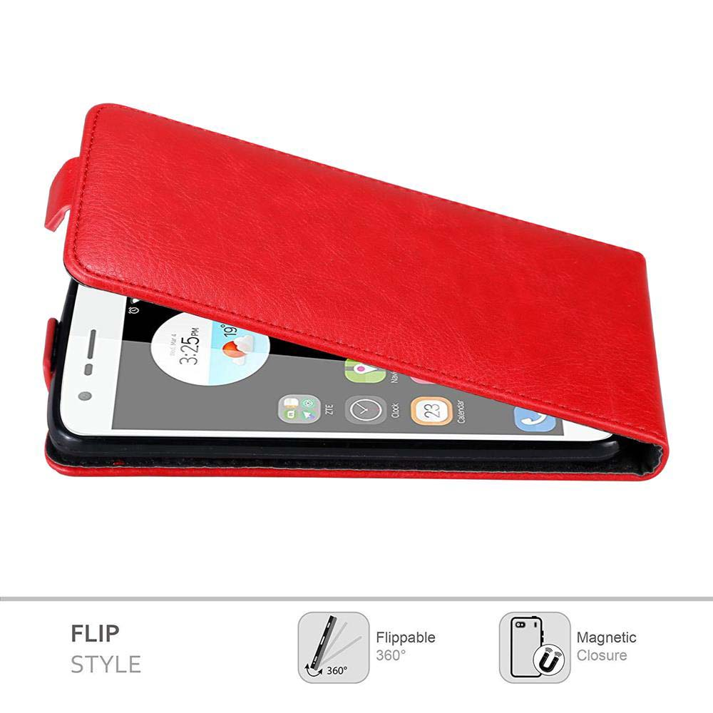 Rote Handyhülle offen, zeigt den Telefonbildschirm. Das Telefon ist schwarz. Flippable Style.